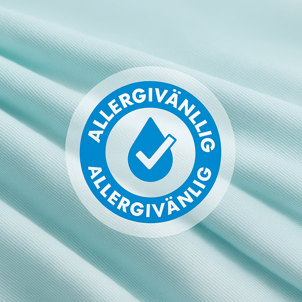 Allergivänligt kyltäcke från NordicBlankets – närbild på isblå textil med certifieringssymbol som bekräftar hypoallergena egenskaper